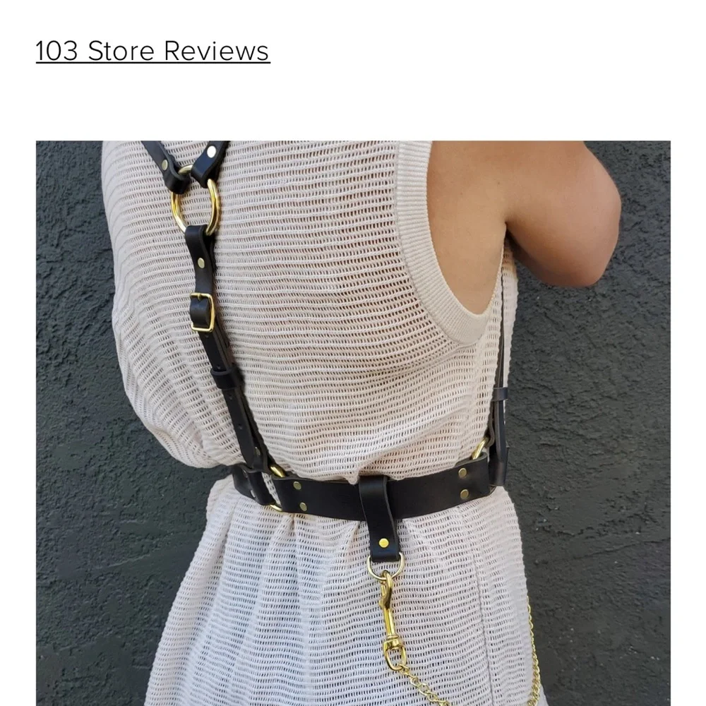 Black Leather Harness Belt with Gold Chain Accent